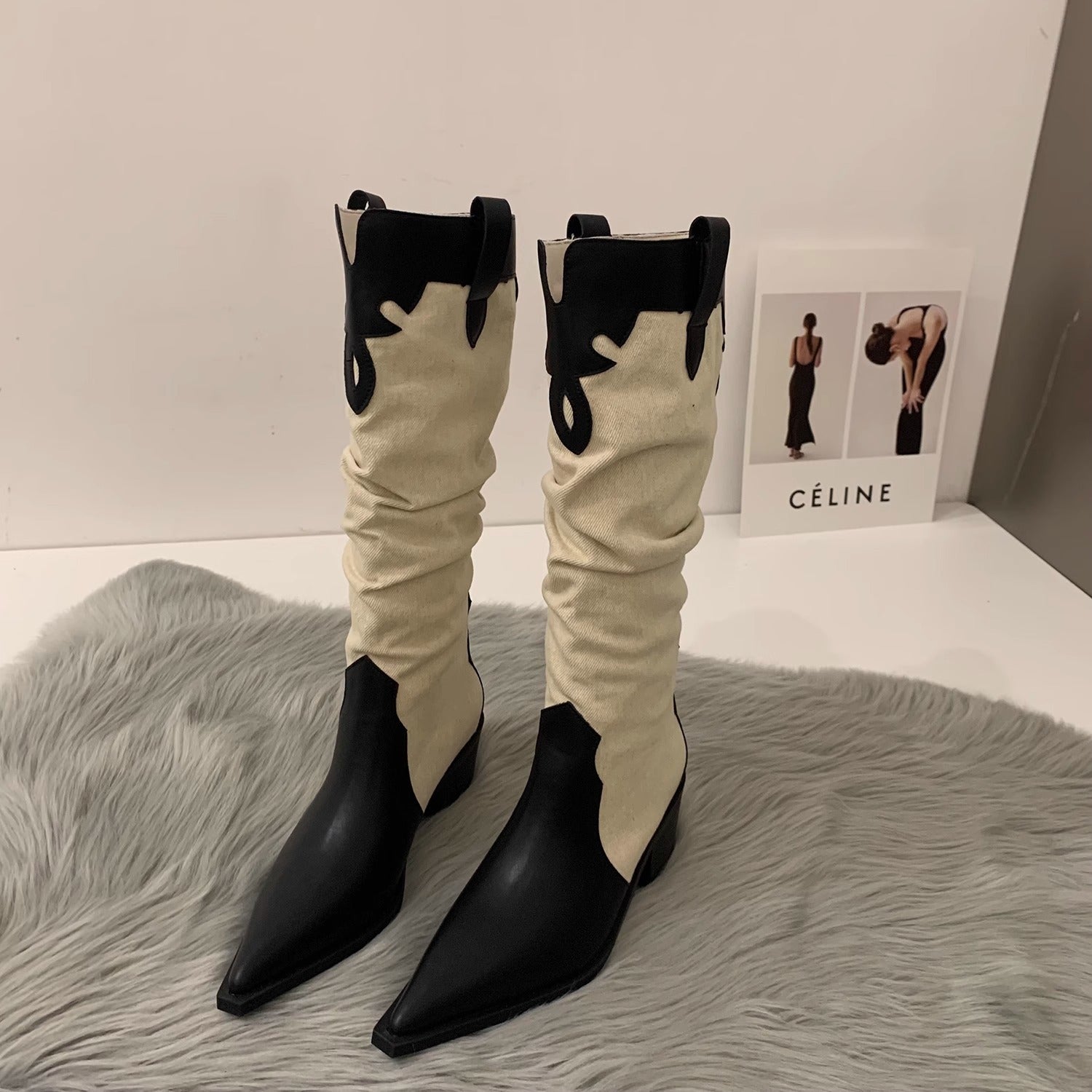 Western Cowboy Boots Low Heel  Pointed Toe Knee High Suede Boots - Pleasures and Sins   Pleasures and Sins