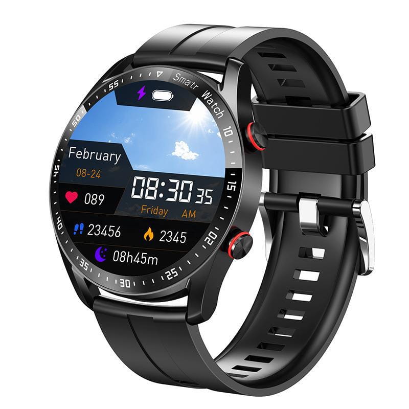 Modern stainless steel smartwatch with round display and black silicone band, perfect for ECG PPG.