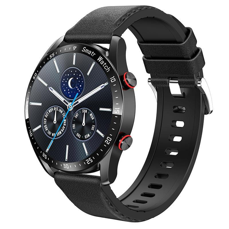 Black smartwatch with round face, leather strap, and digital complications for large screen Bluetooth.