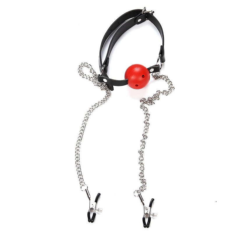 Ball gag With Attached Nipple Clamps For Adult Bondage BDSM Play - Pleasures and Sins   Pleasures and Sins