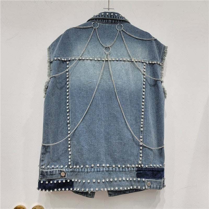 Studded Chain Design Womens Frayed Hem Sleeveless Denim Waistcoat - Pleasures and Sins   Pleasures and Sins