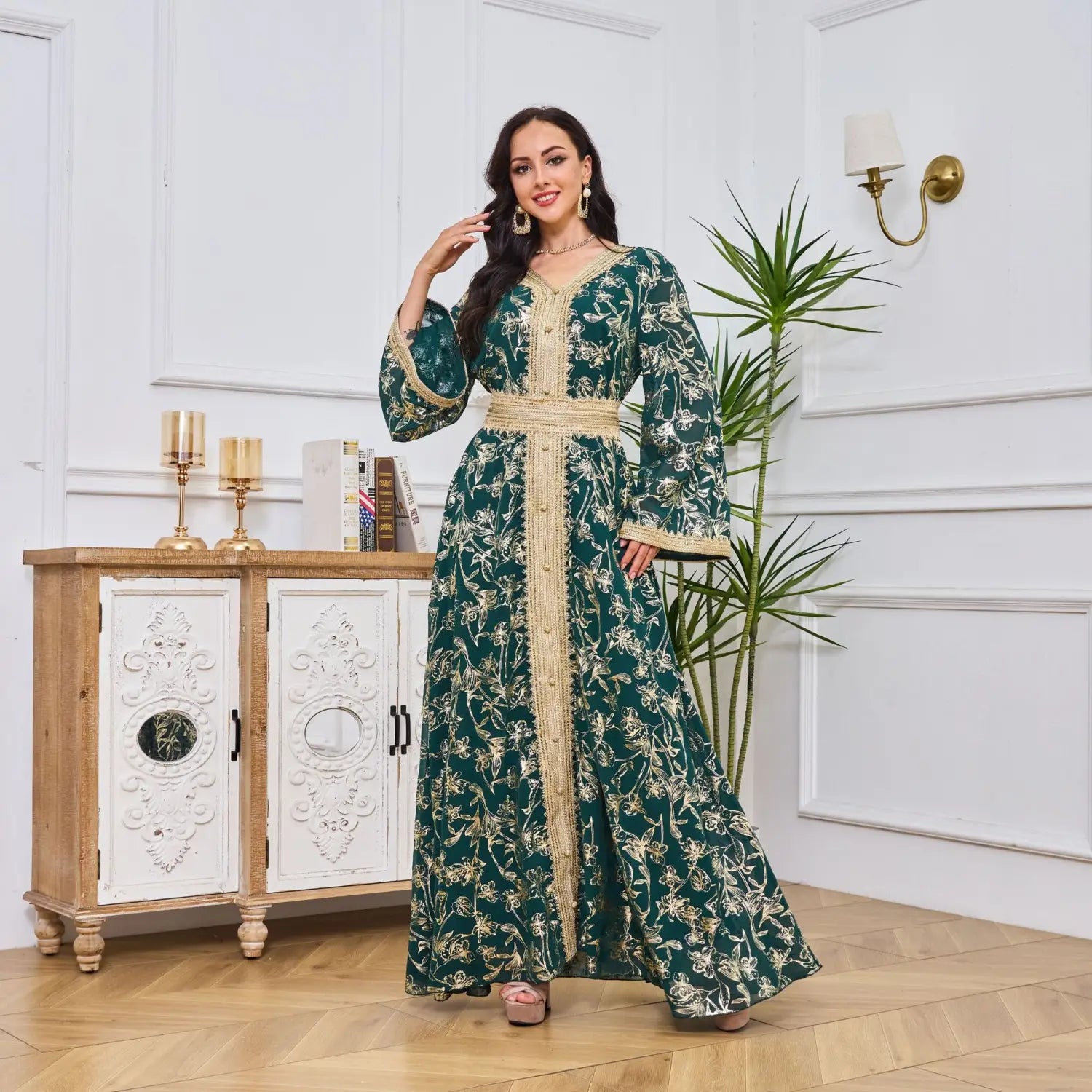 Evening Dress Muslim Flower Gold Stamping Fashion Robe