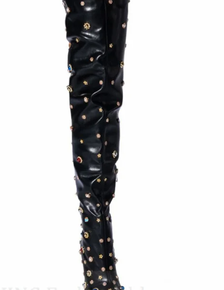 Womens Rhinestone Encrusted Thigh High Boots Pointed Toe Luxurious