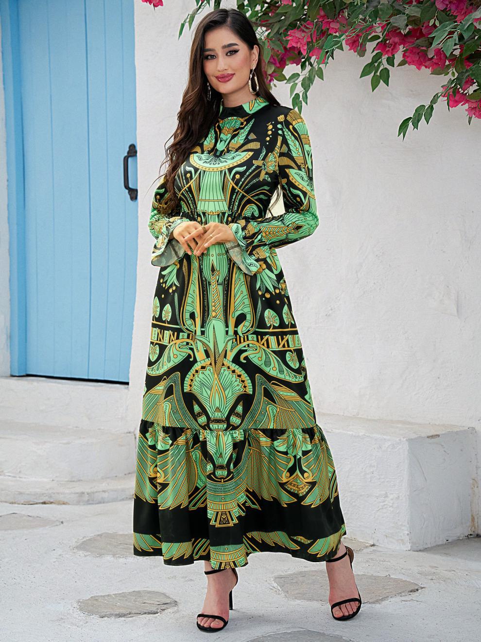 Ladies Middle Eastern Casual Round Neck Printed Long Sleeve Dress