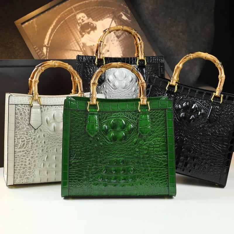 Genuine Leather Bamboo Handle Crocodile Pattern Ladies Handbag - Pleasures and Sins   Pleasures and Sins