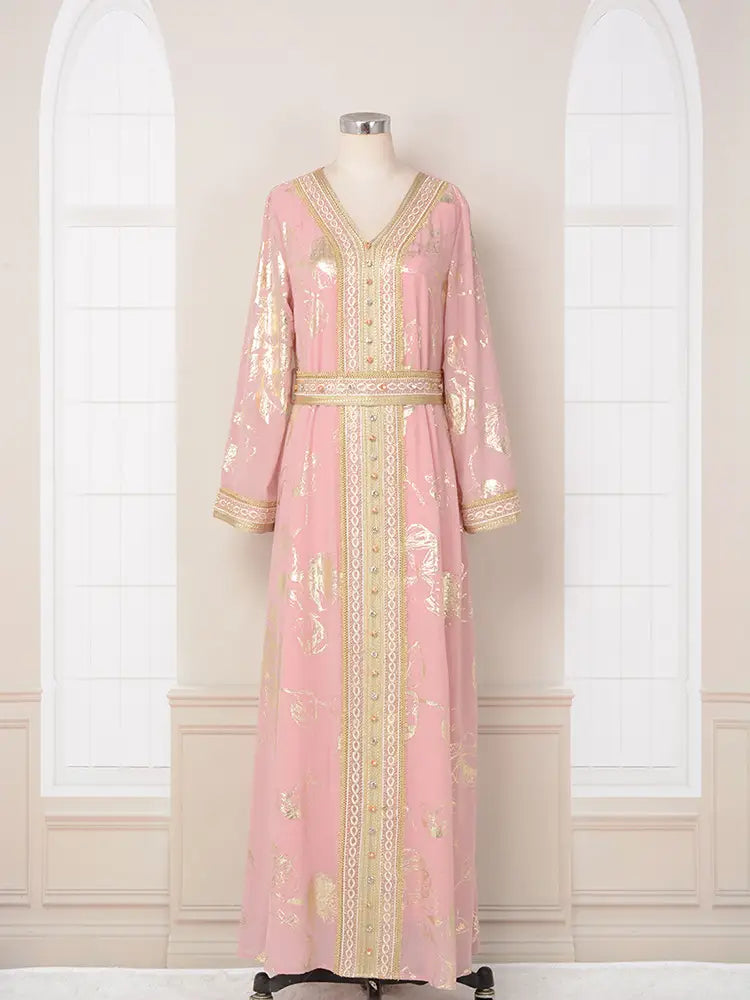 Muslim Womens Dress New Pink Stamped Fashion Party Robe