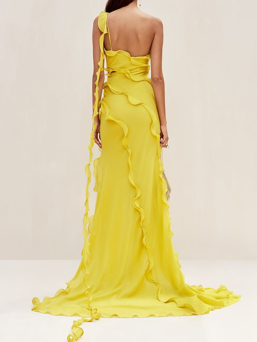 Yellow Elegant style one shoulder long dress asymmetric split - Pleasures and Sins   Pleasures and Sins