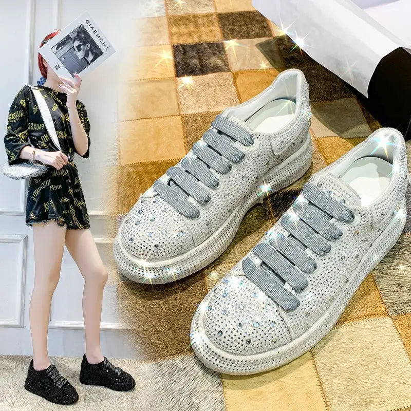 Sparkly silver rhinestone bling sneakers with gray laces and thick sole lace design.