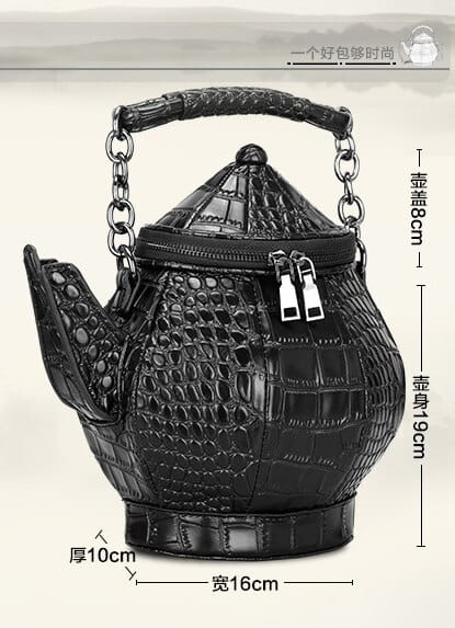 Stylish Ladies Black Teapot Shaped Shoulder Bag with Crocodile Texture and Chain Handle