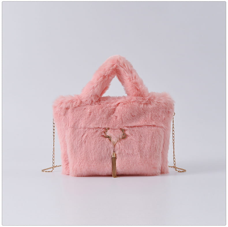 Sac à main en imitation fourrure rose avec sangle en chaîne dorée et détail de fermeture éclair, sac à bandoulière en peluche élégant.