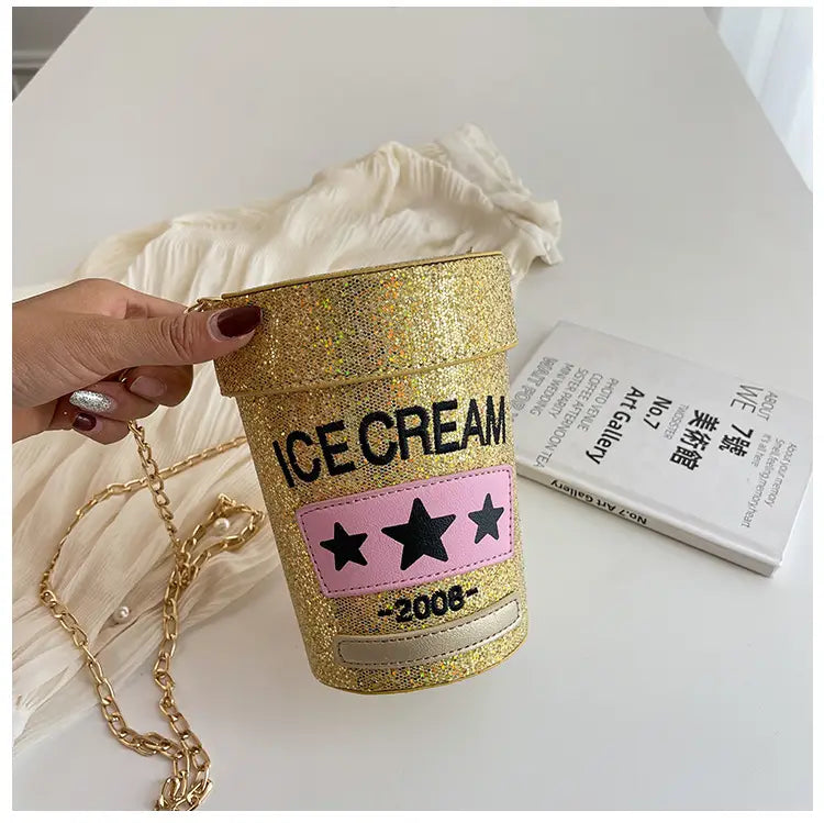 Sequin crossbody small round bag In shape of ice cream pot