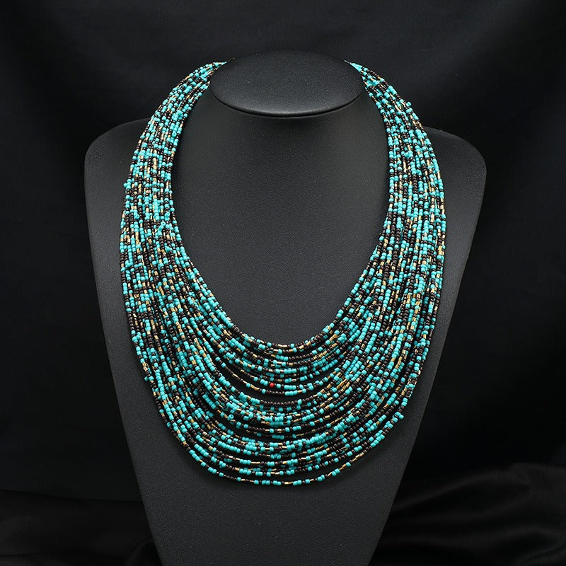 Exaggerated multi-layer short bohemian women's beaded necklace