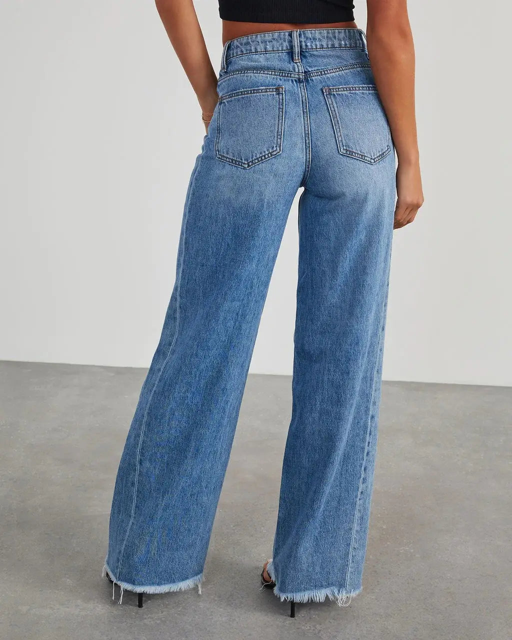 Ladies Loose Wide Leg Brushed Hem Denim Jeans for Comfy