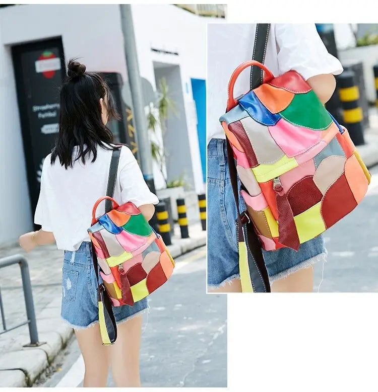 Colorful patchwork Genuine Leather Womens Multicolour Large Capacity Backpack with geometric shapes.