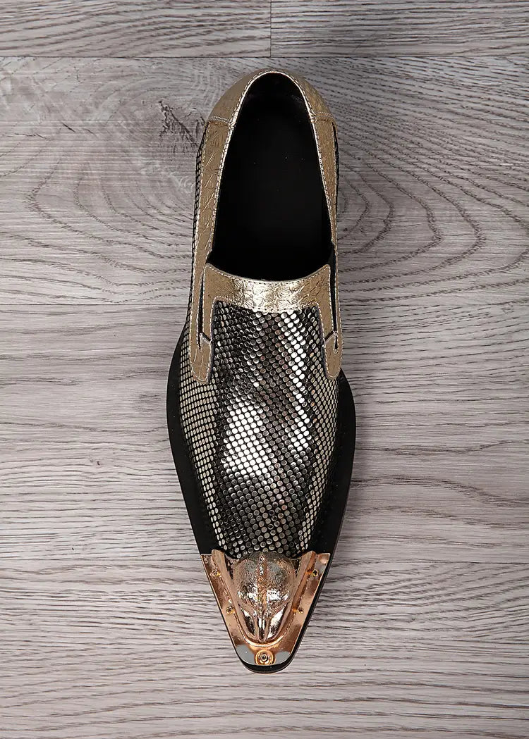 Metallic silver and tan leather loafer with snakeskin pattern for trendy pointed toe fashion.