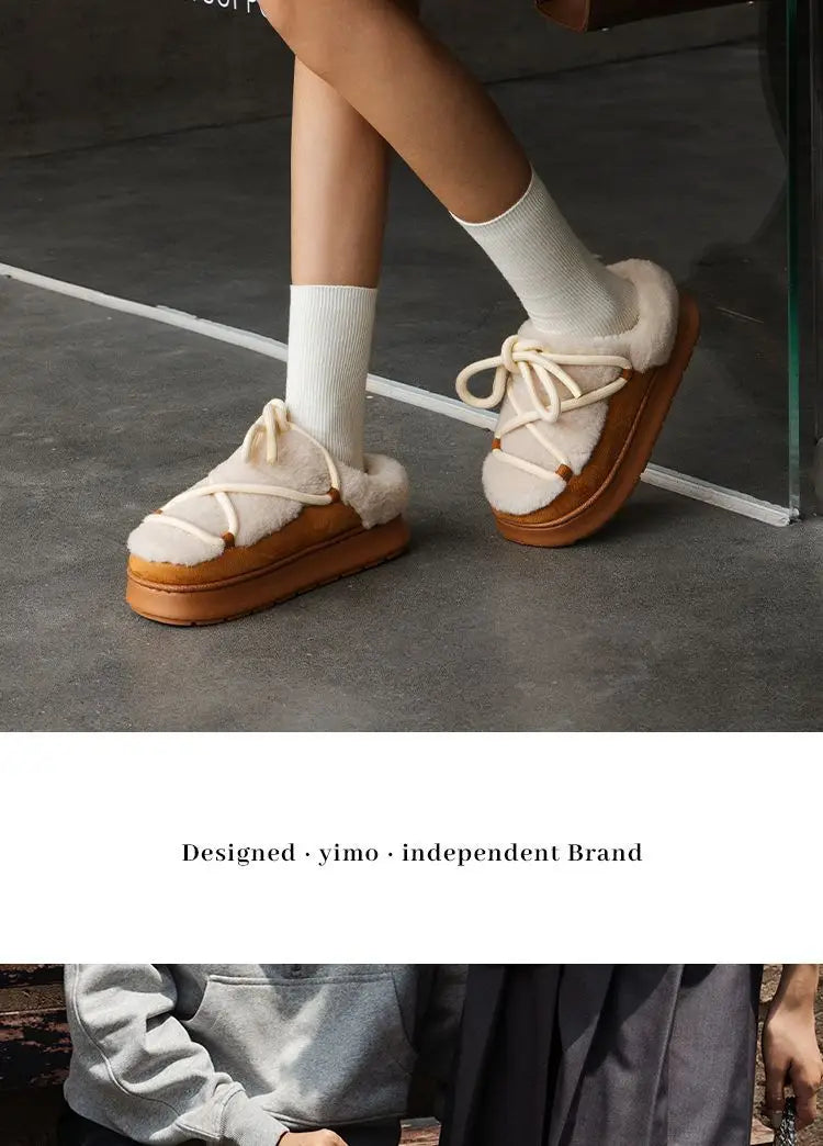 Cream-colored ladies outdoor suede platform closed-toe fur slippers with tan soles and laces.