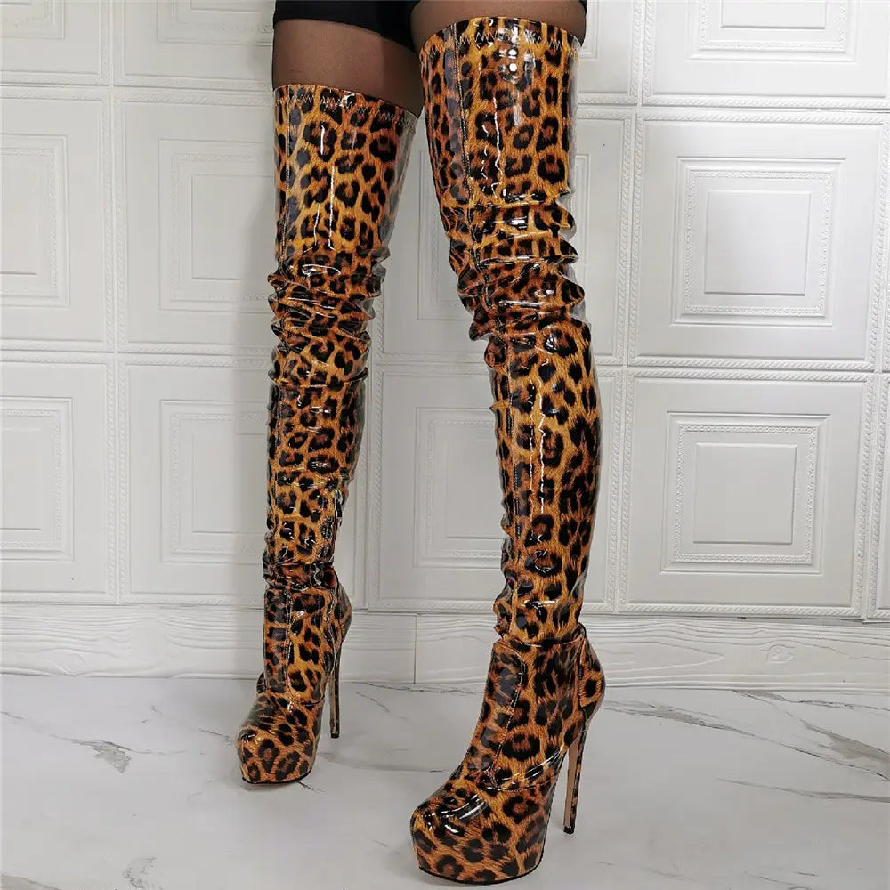 Multi Gender Patent Leopard Print Thigh Length Boots In Plus