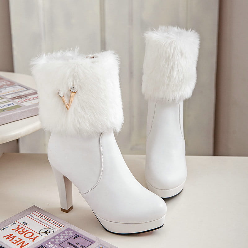 Stylish Ladies Winter Short Snow Chunky Heel Fur Booties with white high-heeled platform.