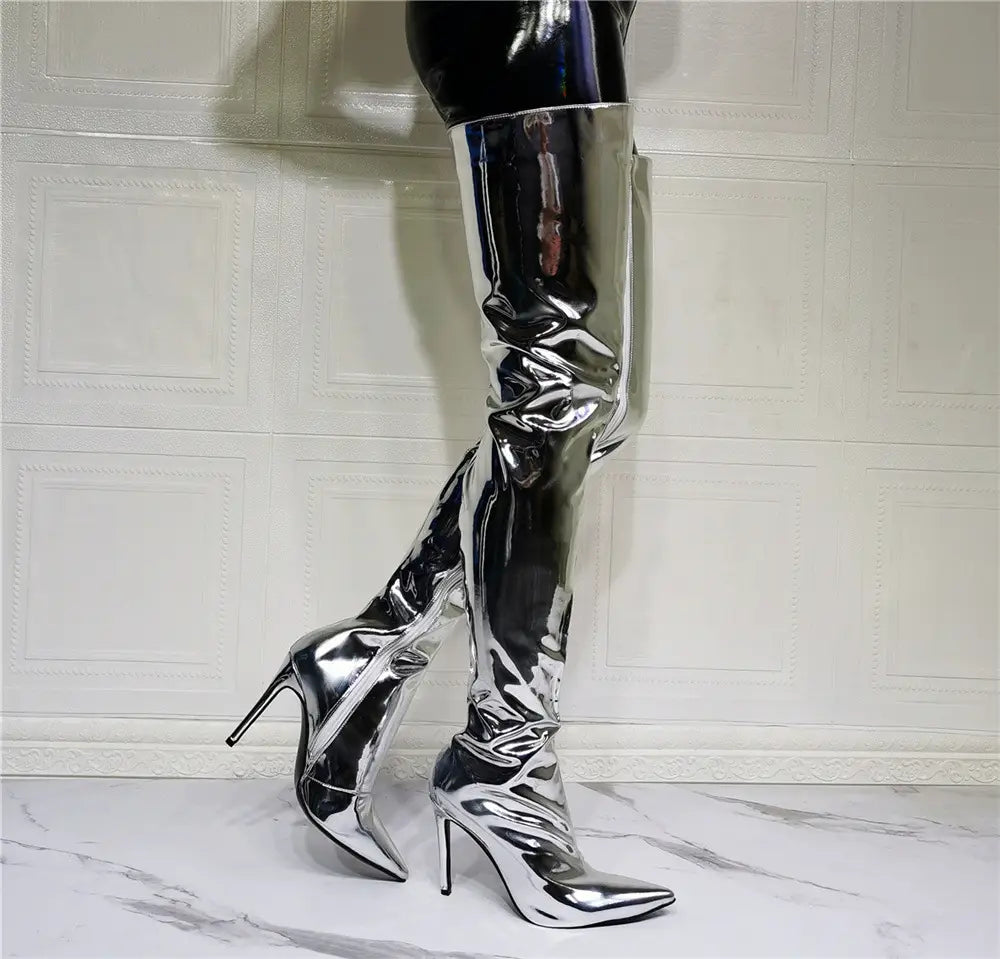 All Gender Fashion Silver Patent Thigh High Stiletto Boots