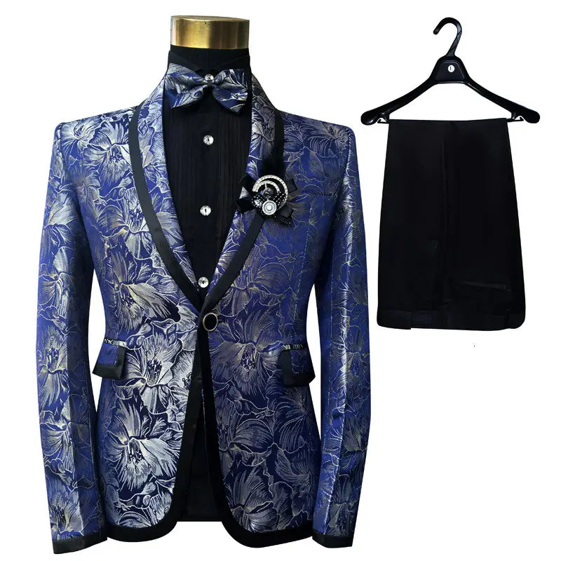 Men’s Blue Floral Wedding Prom Suit With Bow Tie