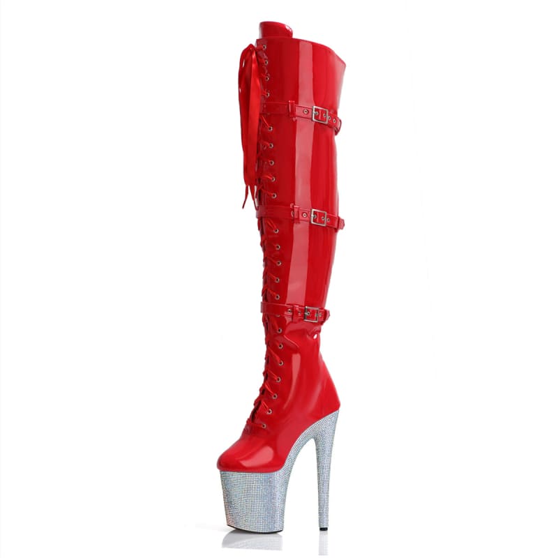 Multi Buckle 8inch Rhinestone Platform Heels Red / 5