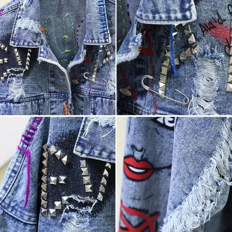 Graffiti Denim Kurzjacke Raw Edge Cut Heavy Rivet Tassel