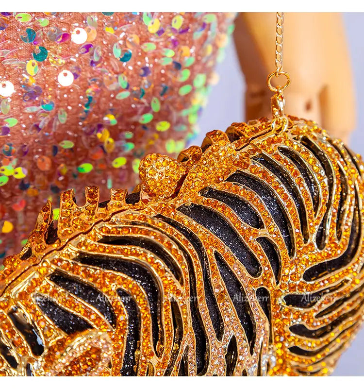 Metal Bling RhinestoneTiger Evening Luxury Clutch Bag