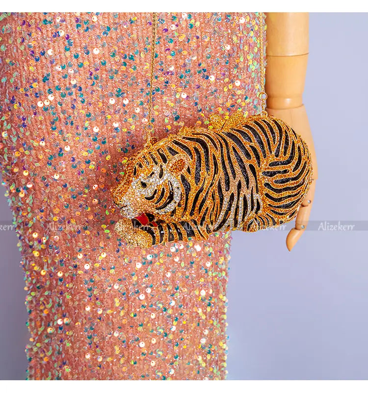 Metal Bling RhinestoneTiger Evening Luxury Clutch Bag