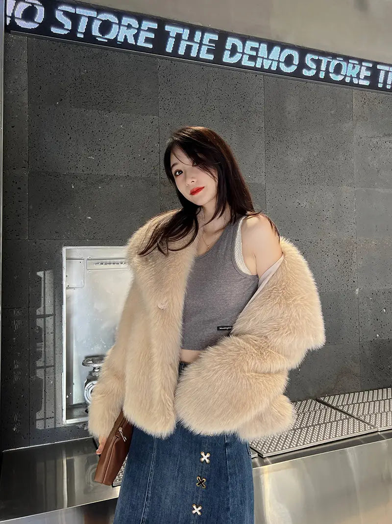 Ladies Large Lapel Fur Coat Elegant Long Sleeve Warm Fur