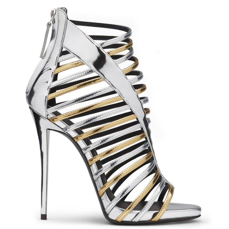 Roman Style Shoes, High Heel Sandals, Gold and Silver Metallic Straps