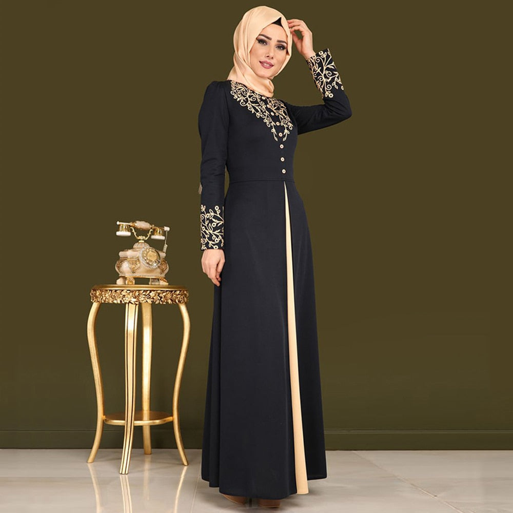 Gold Stamping Print Muslim Dress Women Dubai Abaya Black Robe Long Sleeve - Pleasures and Sins   Pleasures and Sins