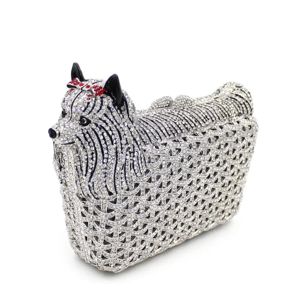 Crystal-encrusted puppy shaped rhinestone clutch with red bow for stylish dinner events