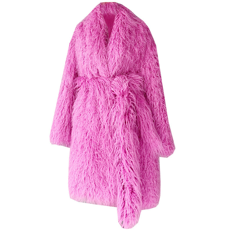 Ladies fur imitation wool, long style knee high fur coat with belt