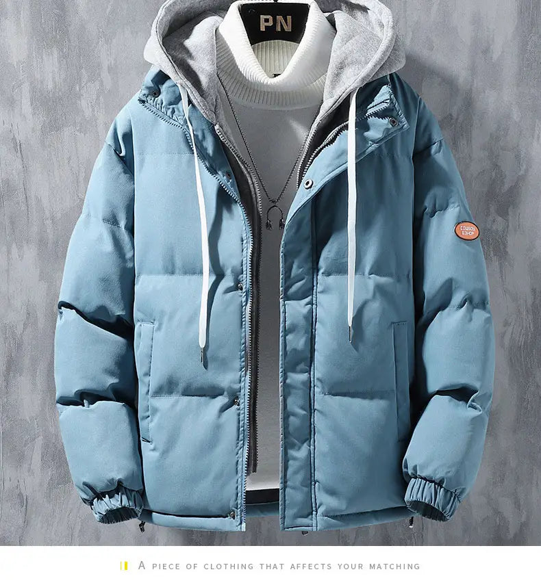 Light blue windproof loose oversized hooded jacket with gray hood and white drawstrings.