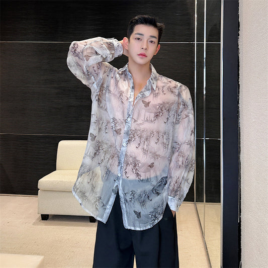 New traditional Chinese style landscape, bamboo flower pattern shaped shirt for men