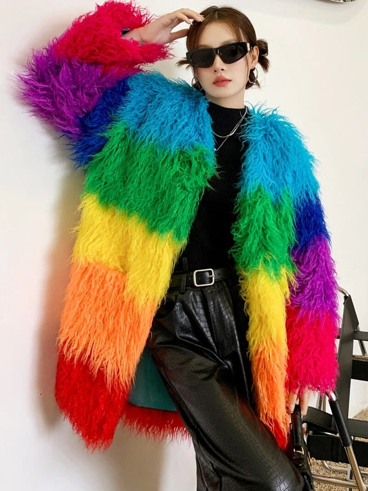 Niche Rainbow Winter Faux Fur Coat Loose Long Jacket Shaggy Outerwear - Pleasures and Sins   Pleasures and Sins