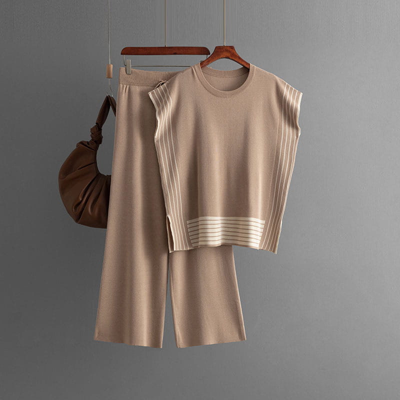 Beige knit sleeveless top set with high waist wide leg pants for a stylish look.