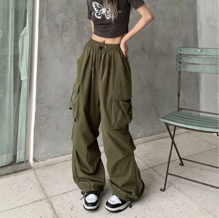 Damen Streetwear Cargo Baggy Parachute Wide Leg Hose