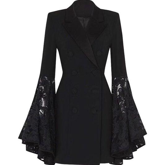 Women's black fashionable suit jacket with lace bat wing sleeves