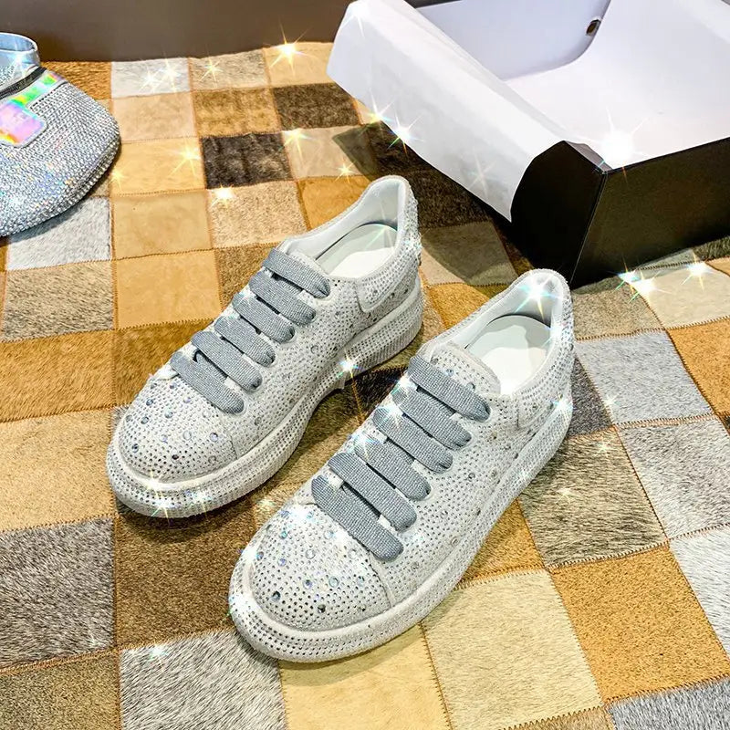 Silver rhinestone bling sneakers with thick sole lace and gray laces for ladies’ leisure.