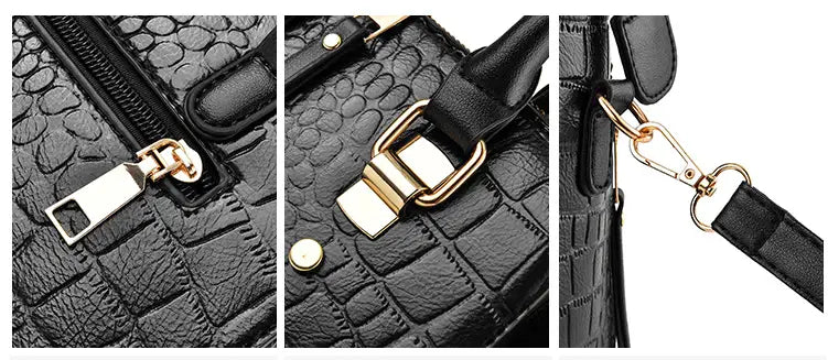 Black textured handbag with metallic details in a stylish Ladies Crocodile Print Crossbody Shoulder Bag.