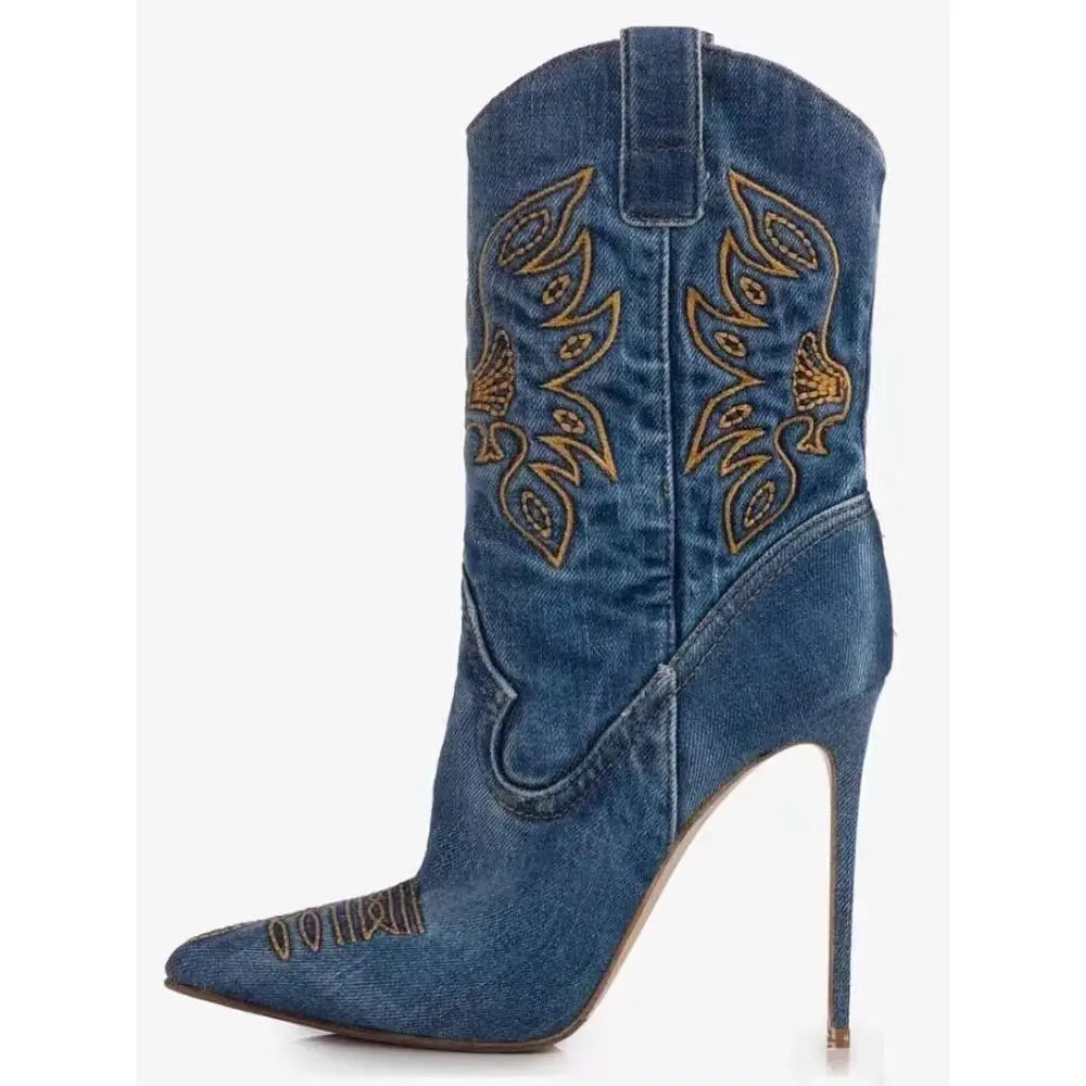 Denim-Damen-Western-Cowboy-Stiefel mit Stickerei und hohen Stiletto-Absätzen für Stil.