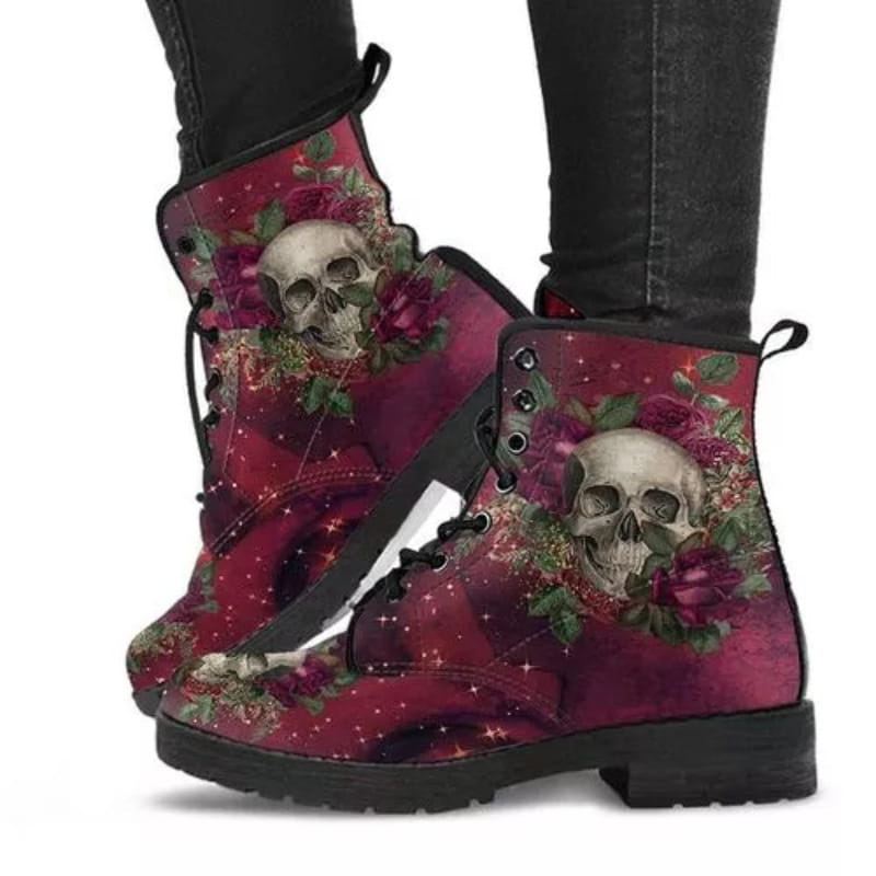 Ladies Gothic Alice in Wonderland Printed Ankle Boots with Skull and Rose Design.