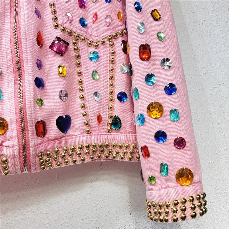 Heavy Rivet Beaded Diamond Pink Denim Jacket Long Sleeve