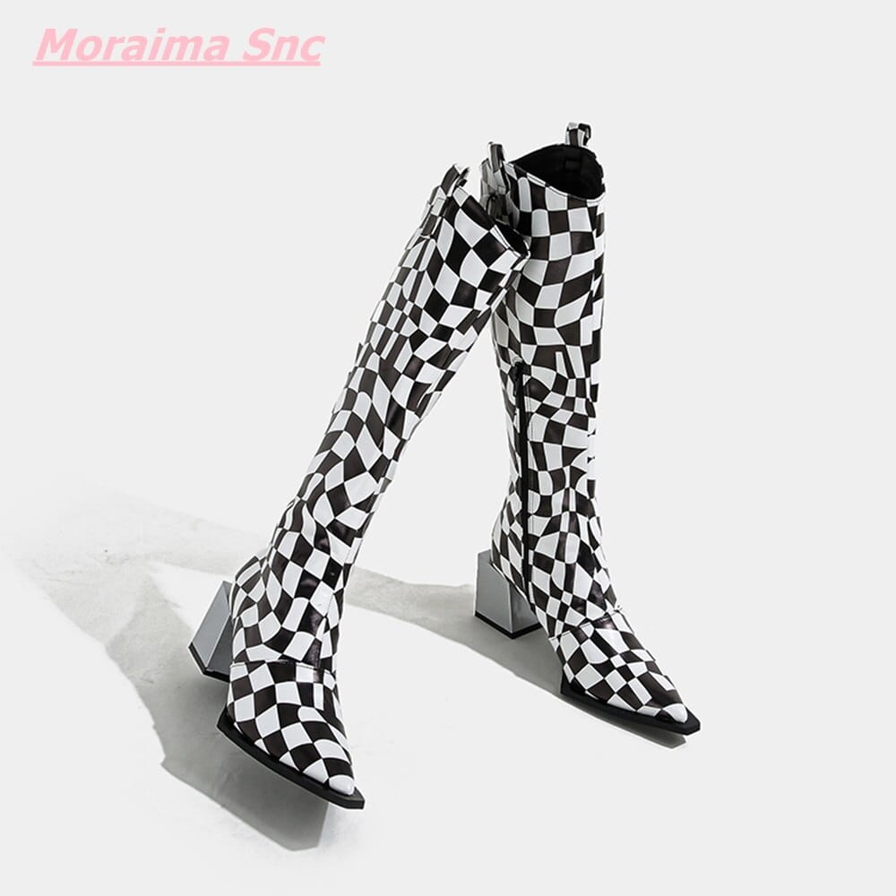 Black White Checkerboard Pointed Women’s Boots with Checkerboard Square Heel.