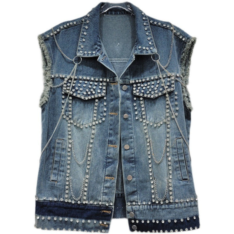 Studded Chain Design Womens Frayed Hem Sleeveless Denim Waistcoat - Pleasures and Sins   Pleasures and Sins