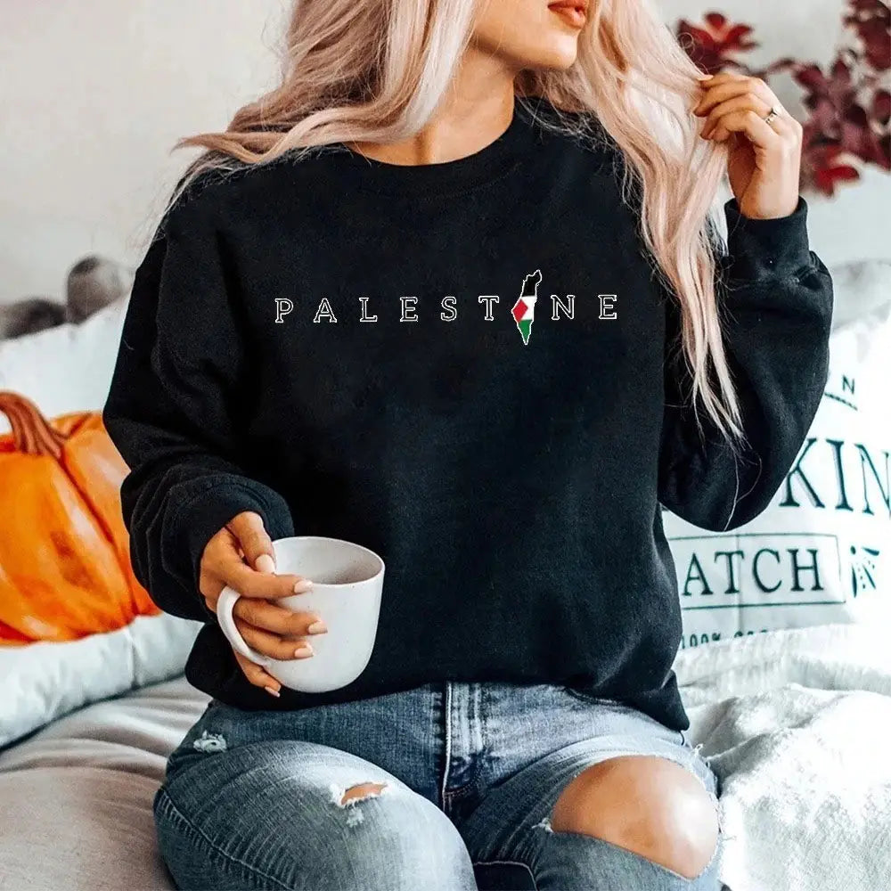 Long Sleeve Palestine Map Printed Sweatshirt With Round Neck