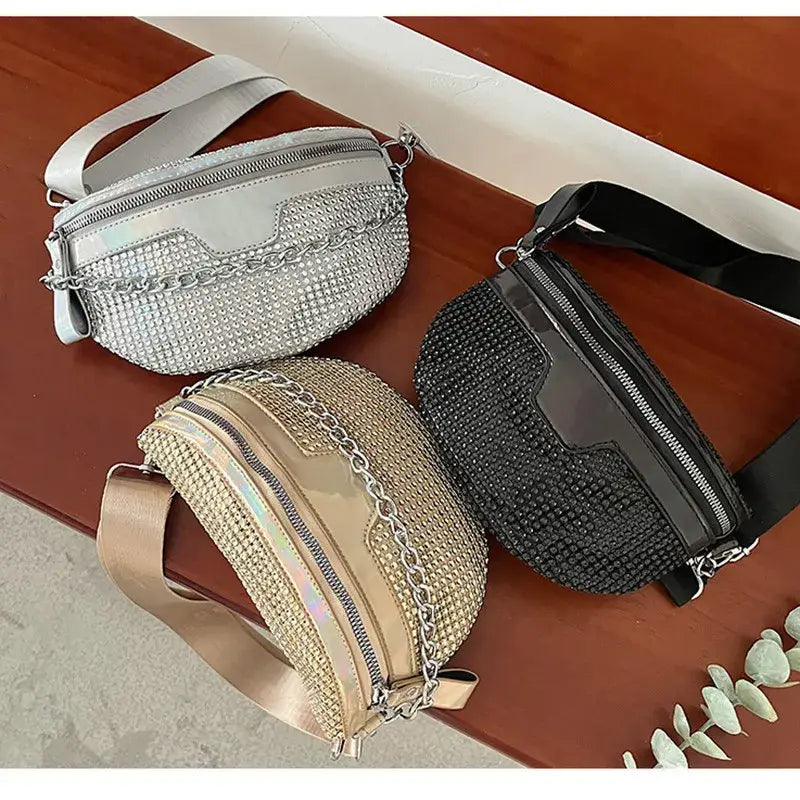 Colorful fanny packs with mesh and adjustable straps, featuring rhinestone luxury style.