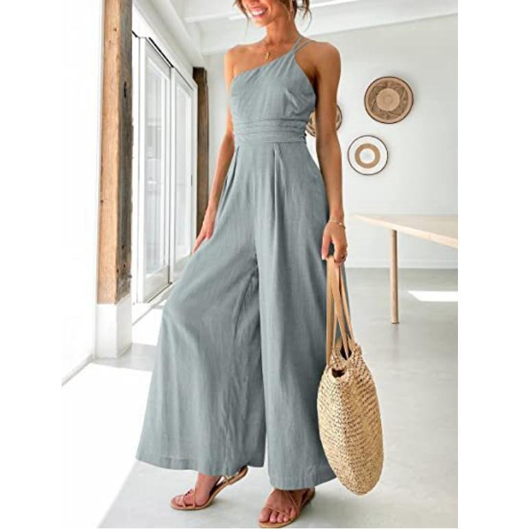 Women's sexy camisole waist wide leg sleeveless cotton linen jumpsuit - Pleasures and Sins   Pleasures and Sins