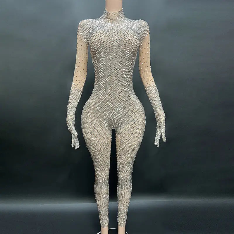 Round neck long sleeved skin tight Rhinestone jumpsuit